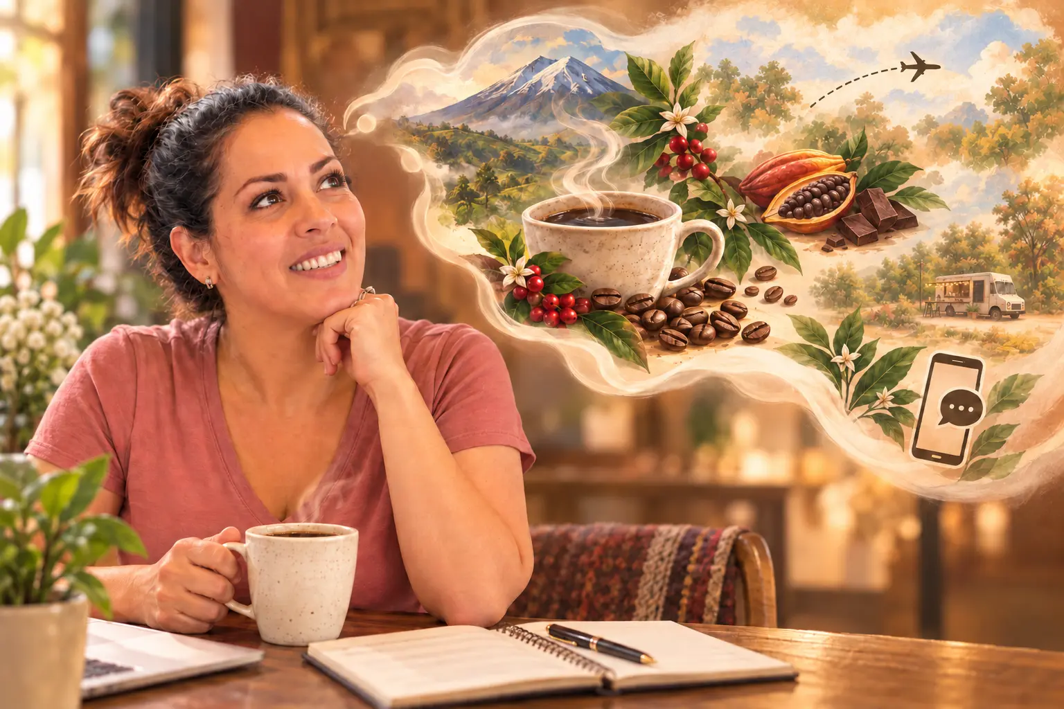 Painterly illustration of Ceci imagining an Ecuadorian coffee business