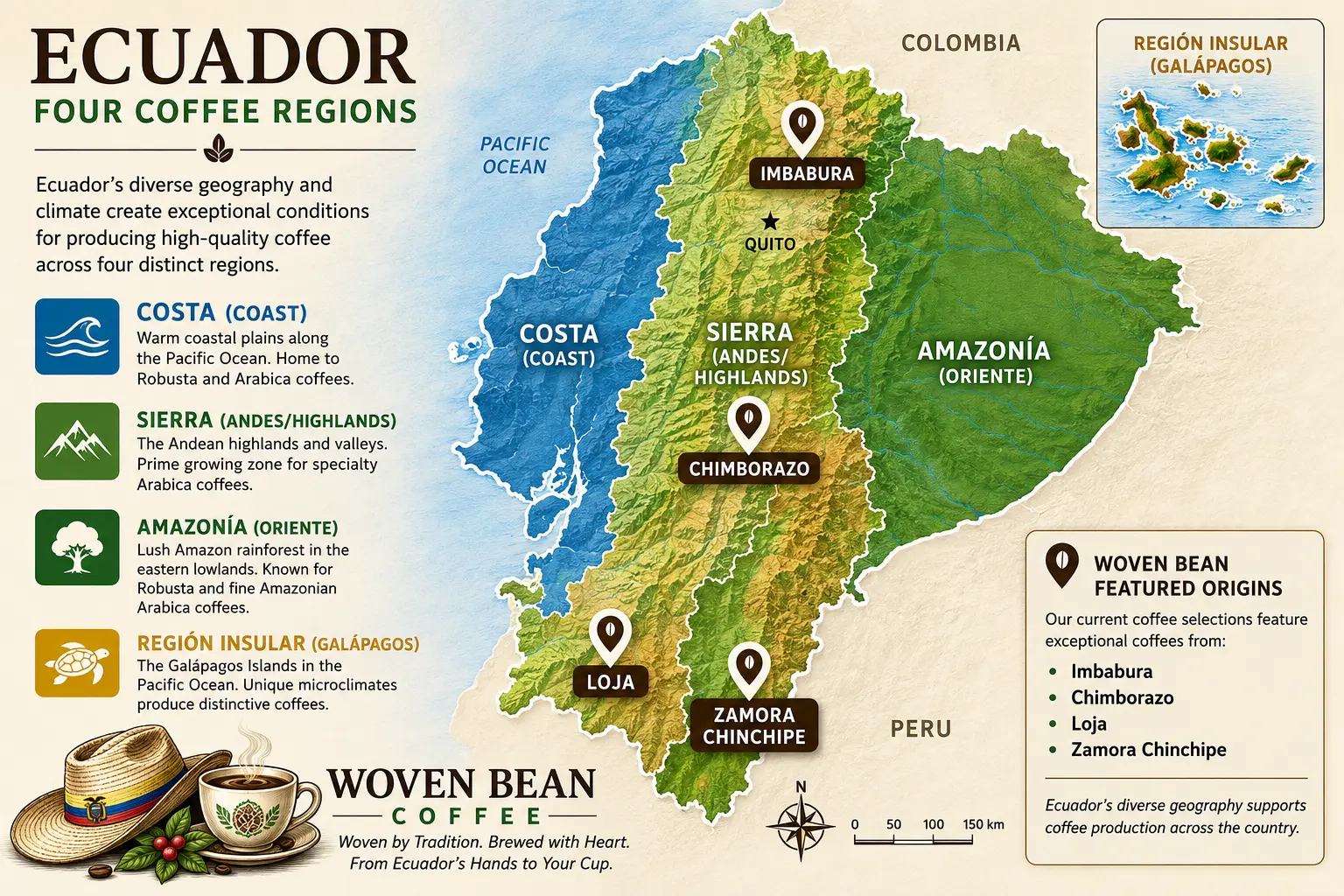 Map of Ecuador's four geographic coffee regions and Woven Bean Coffee featured origins