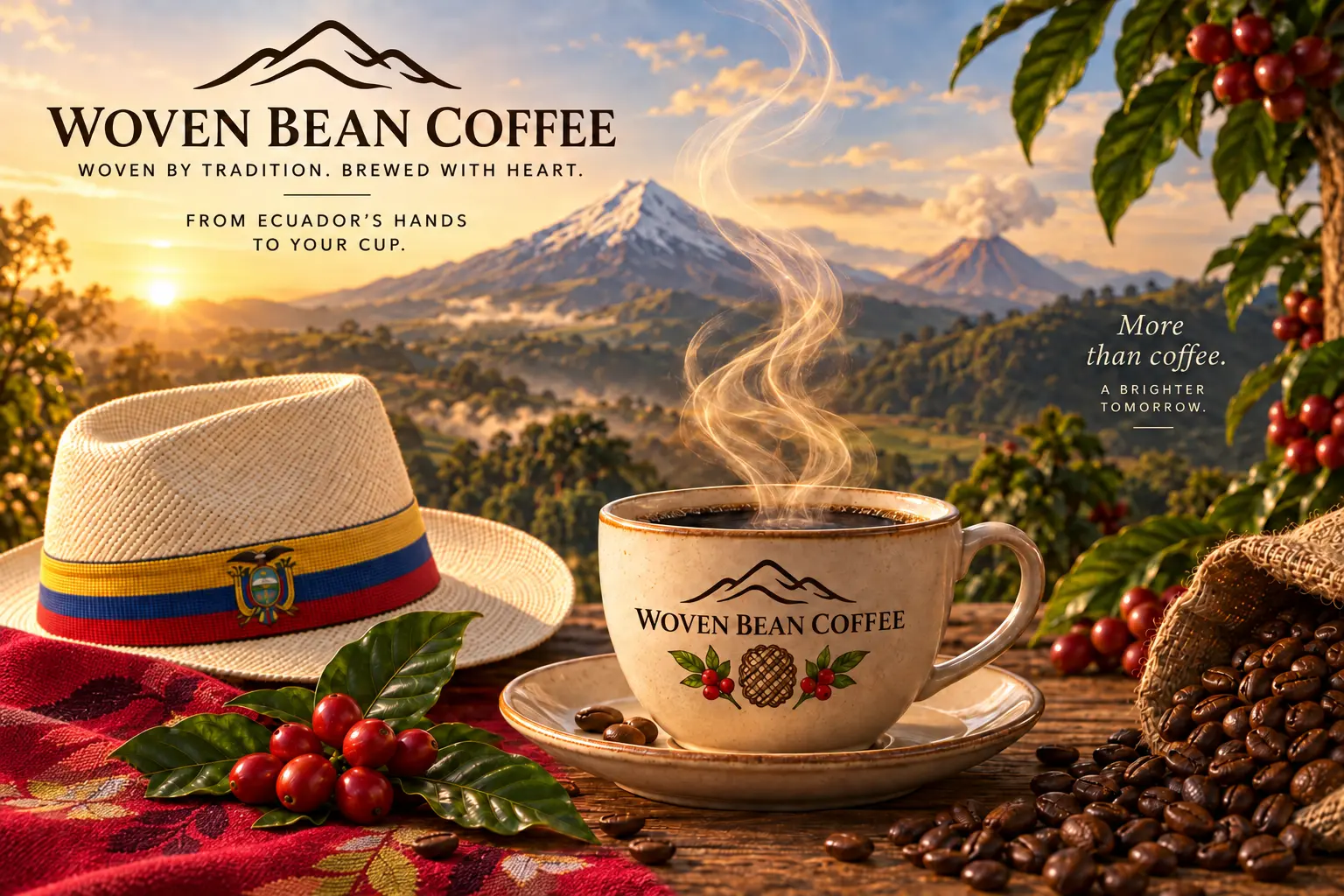 Woven Bean Coffee with an Ecuadorian toquilla straw hat, an authentic red Ecuadorian woven textile, coffee cherries, and a steaming cup against Ecuador's mountain landscape